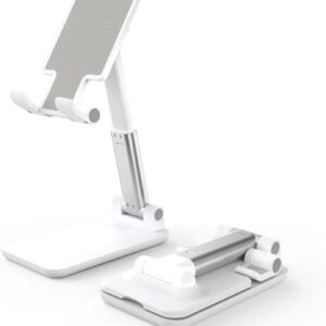 Cell Phone Stand, Adjustable Angle and Height Cell Phone Holder for Desk, Foldable and Portable, Anti-Slip Silicone Pad, Compatible with All Mobile Phones and 4-8 Inch Devices, White