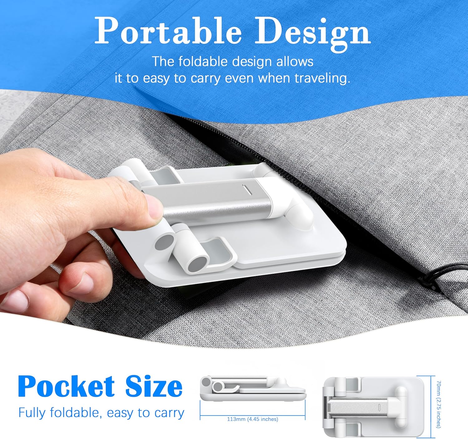 Cell Phone Stand, Adjustable Angle and Height Cell Phone Holder for Desk, Foldable and Portable, Anti-Slip Silicone Pad, Compatible with All Mobile Phones and 4-8 Inch Devices, White - Image 6