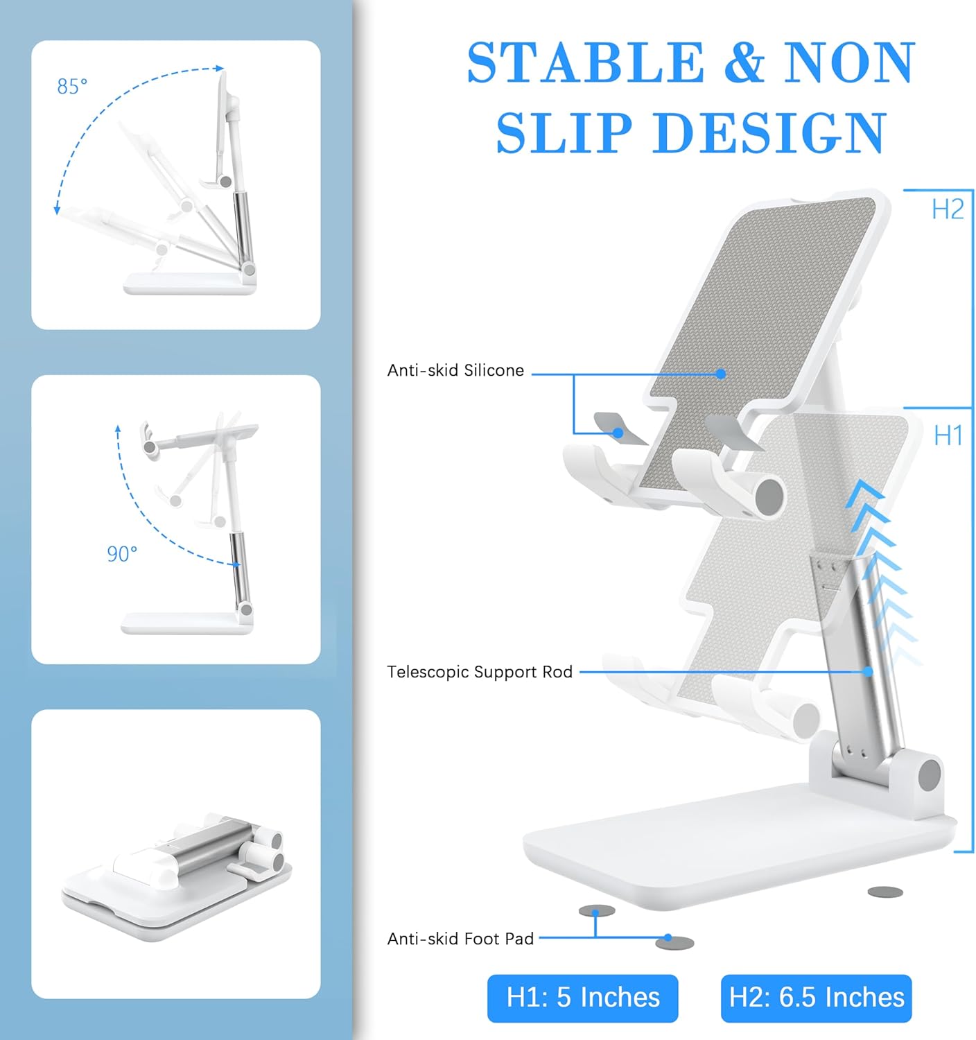 Cell Phone Stand, Adjustable Angle and Height Cell Phone Holder for Desk, Foldable and Portable, Anti-Slip Silicone Pad, Compatible with All Mobile Phones and 4-8 Inch Devices, White - Image 7