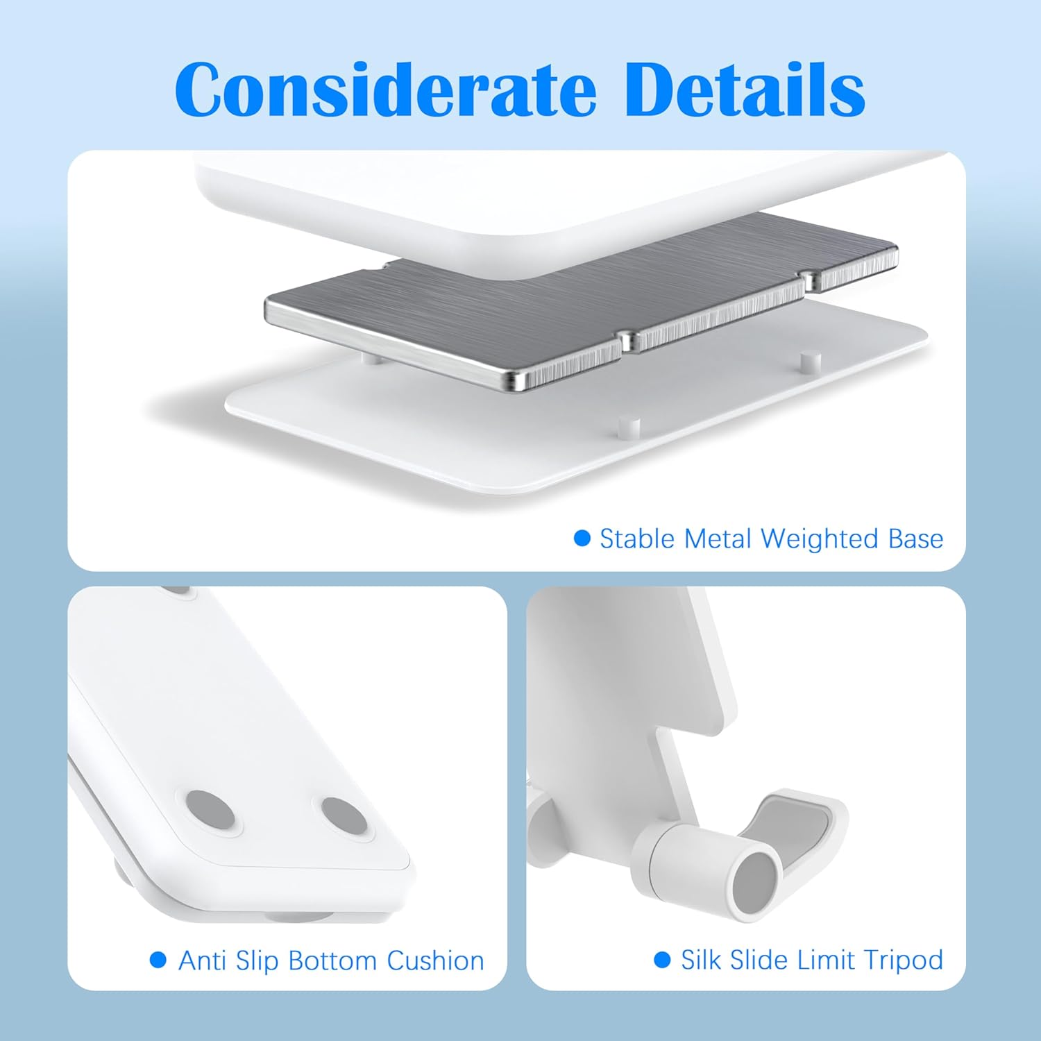 Cell Phone Stand, Adjustable Angle and Height Cell Phone Holder for Desk, Foldable and Portable, Anti-Slip Silicone Pad, Compatible with All Mobile Phones and 4-8 Inch Devices, White - Image 8